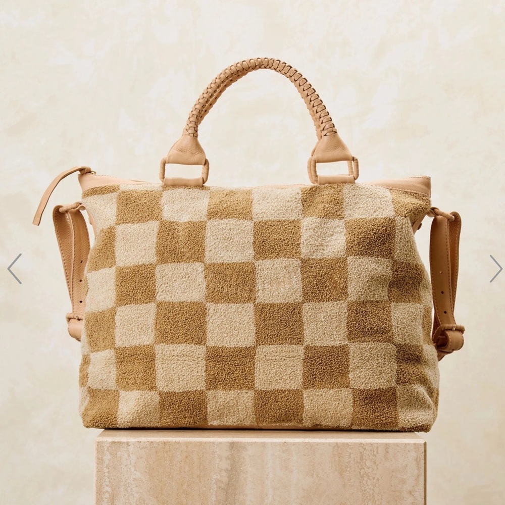 Cleobella Tan and Cream Checkered Tote